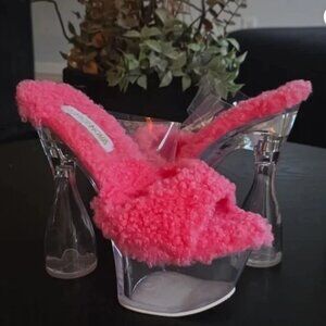 Pink Fuzzy Clear Heel Sandals